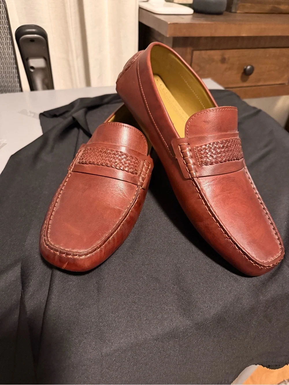 Vince Camuto Chestnut Leather Woven Penny Loafers